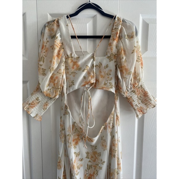 Luxxel Floral Open Back Maxi Dress Size Large Orange Cream Puff Sleeve Chiffon - Picture 6 of 7